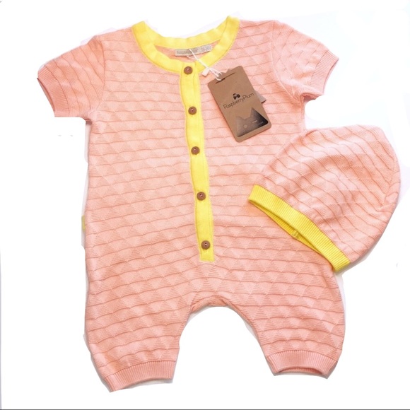 raspberry plum Other - Organic Boutique Peach Yellow Knitted Romper & Hat